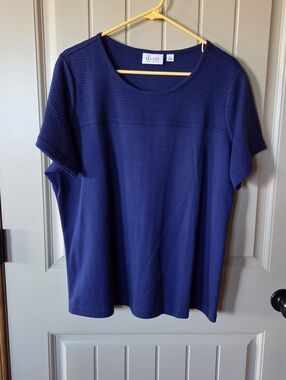 Denim & Co. Navy Blue Ribbed Yoke & Sleeve Short Sleeve Top - 1X